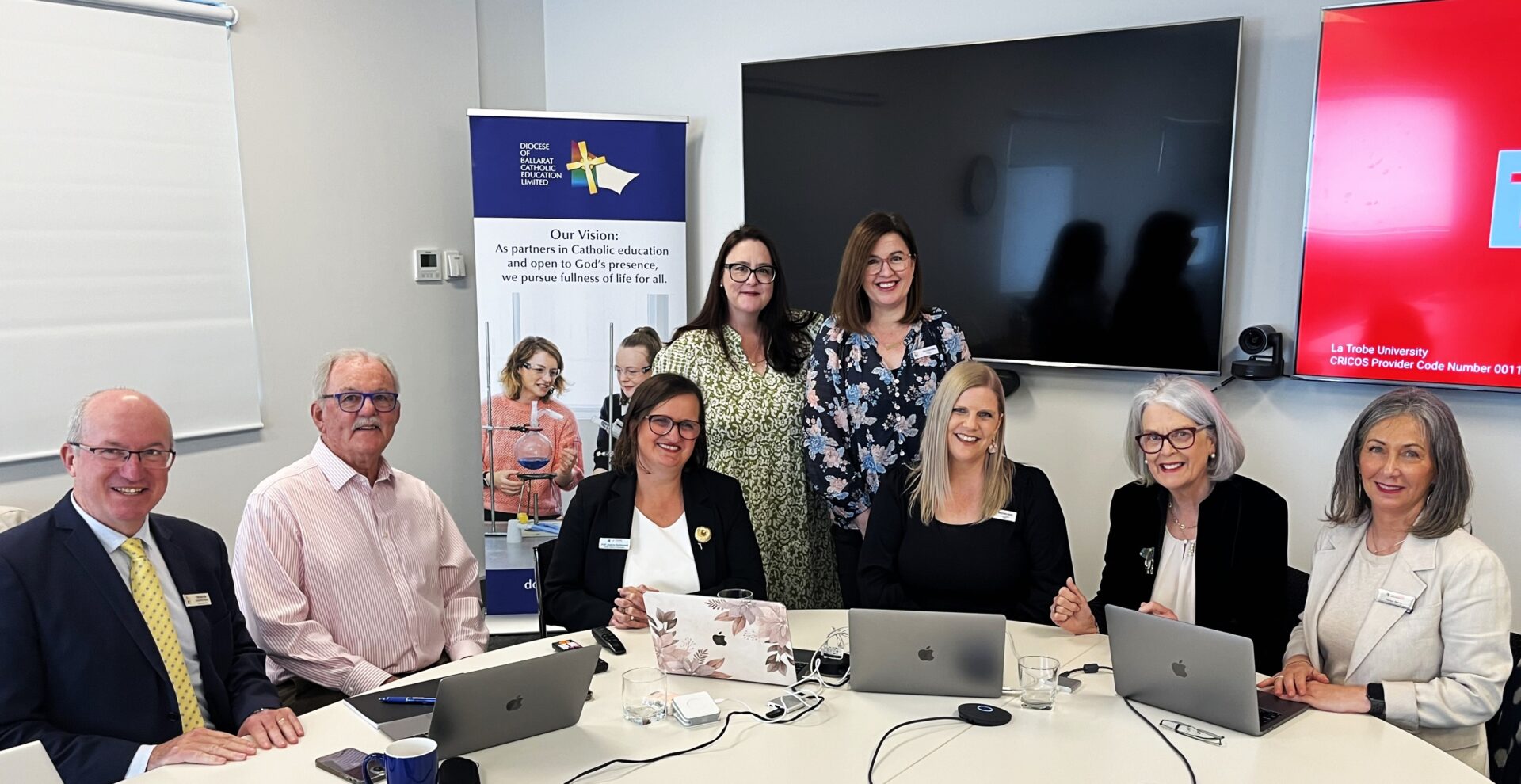 Tom Sexton (Executive Director, Catholic Education Ballarat), Neville Bertalli (Bertalli Family Foundation), Professor Joanna Barbousas (Dean, School of Education, La Trobe University), Emma Rutherford (DOBCEL FLARE Literacy Improvement, Project Lead), Holly Southwell (DOBCEL FLARE Literacy Improvement Executive), Breeanna Wade (DOBCEL FLARE Literacy Improvement Executive), Professor Pamela Snow (Professor of Cognitive Psychology, School of Education, La Trobe University), Professor Tanya Serry (Professor of Literacy, School of Education, La Trobe University