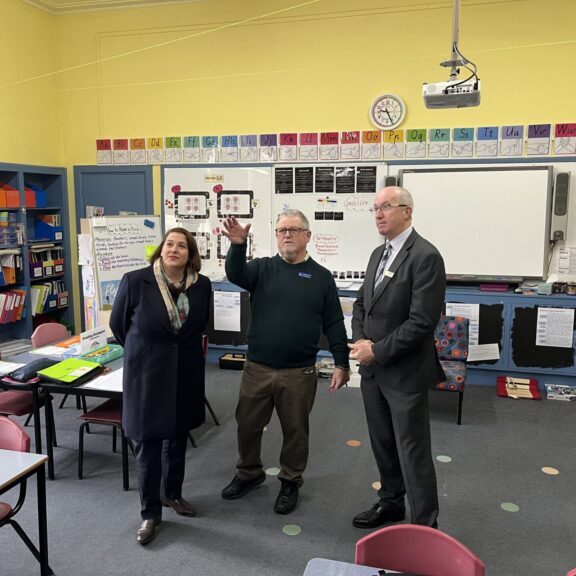 Tom Sexton joined Juliana Addison MP for Wendouree and Acting Principal
Anthony Clifford at Our Lady Help of Christians School (OLHC), Wendouree for the announcement of
the funding today.